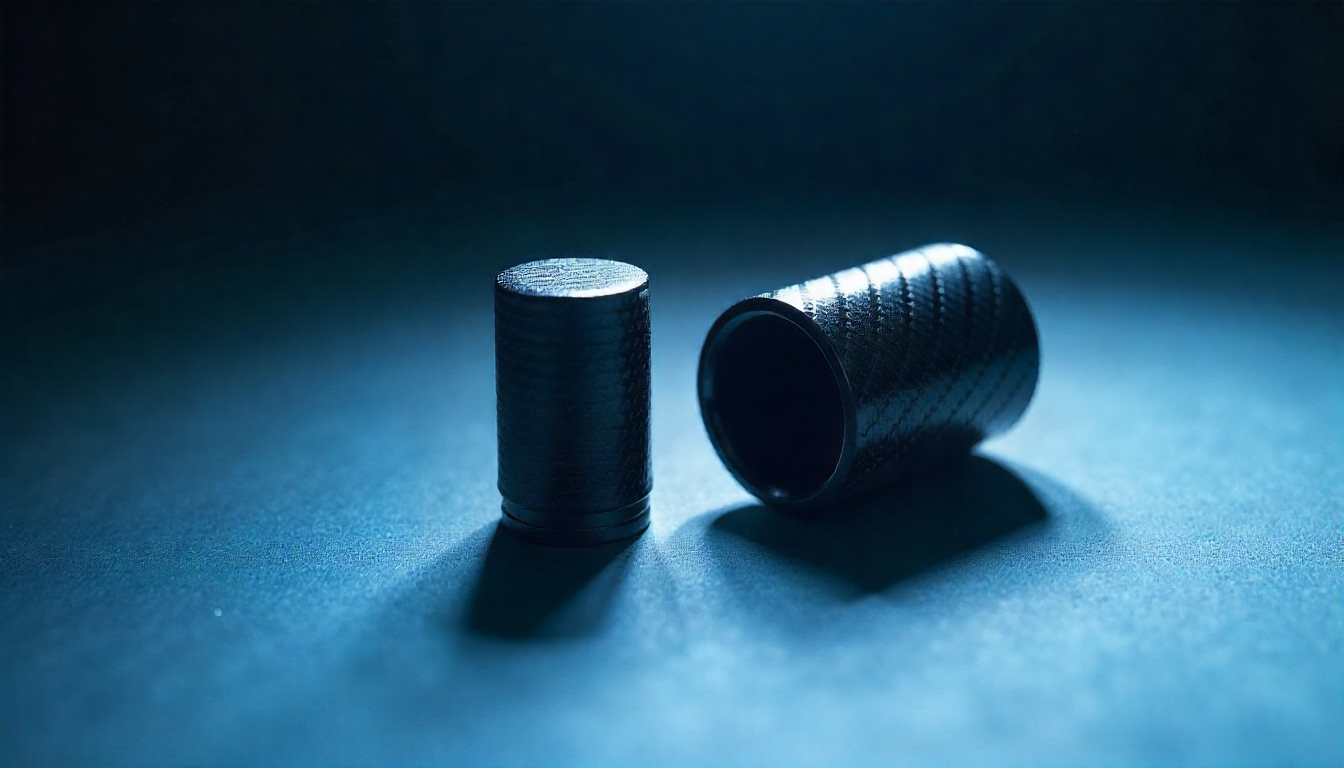 Close-up photo of carbon fiber tire valve caps with detailed weave texture, photographed in soft lighting on a clean background for luxury automotive social media styling.