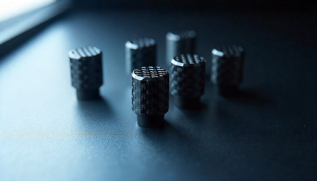 Close-up photo of carbon fiber tire valve caps with detailed weave texture, photographed in soft lighting on a clean background for luxury automotive social media styling.