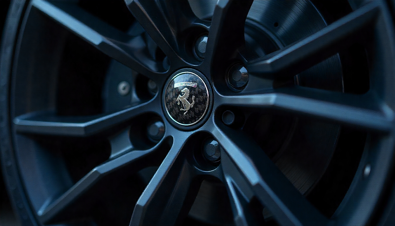 Close-up of carbon fiber tire valve caps on an exotic car wheel showcasing the glossy woven finish, symbolizing performance, luxury, and precision craftsmanship.