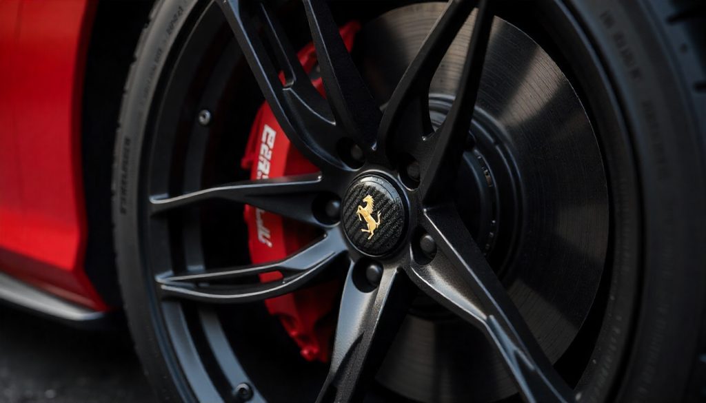 Close-up of carbon fiber tire valve caps on an exotic car wheel showcasing the glossy woven finish, symbolizing performance, luxury, and precision craftsmanship.