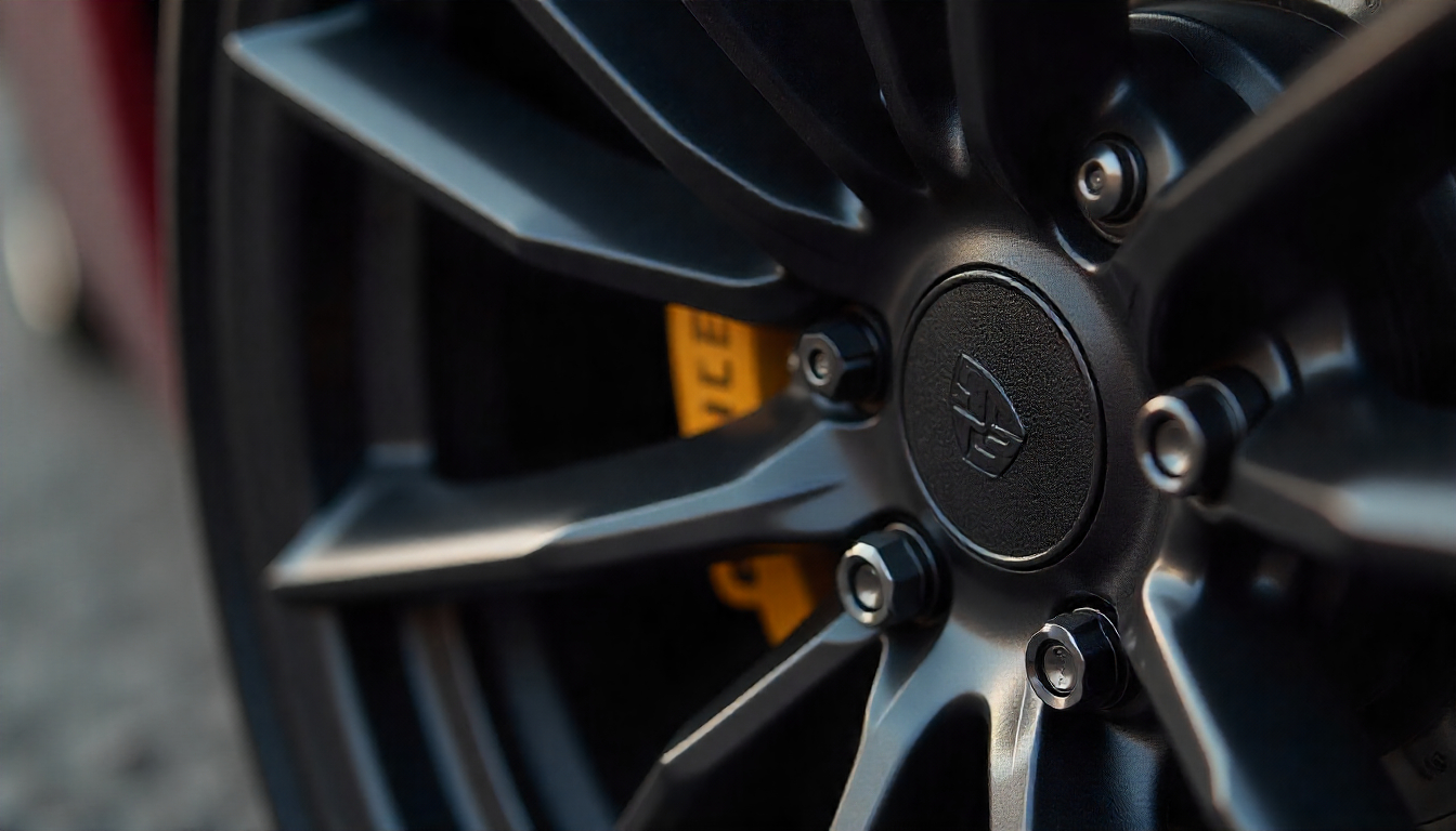 Close-up of a luxury car wheel with carbon fiber valve stem caps paired with matching lug nuts, highlighting premium automotive style and performance.