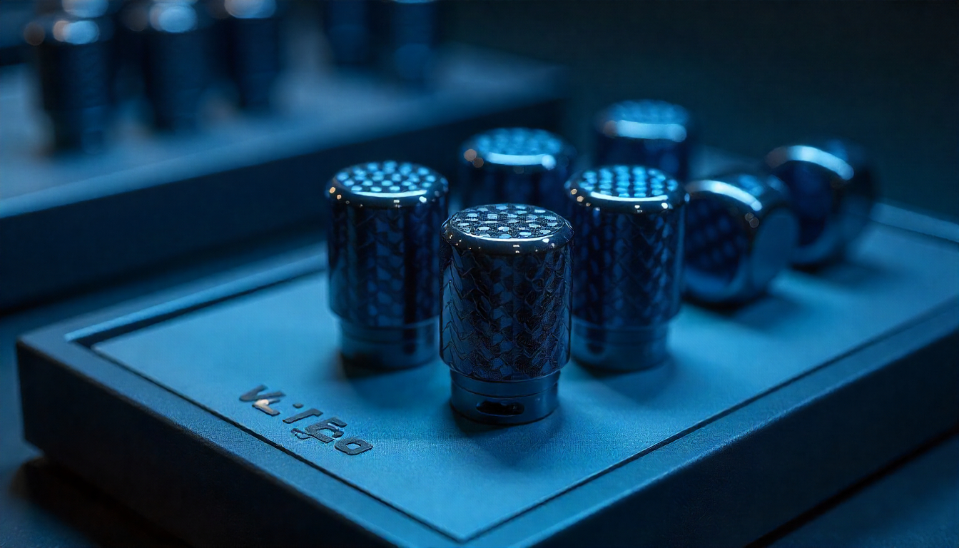 Carbon fiber tire valve caps displayed in a premium retail setup with glossy woven texture and luxury automotive accessories.