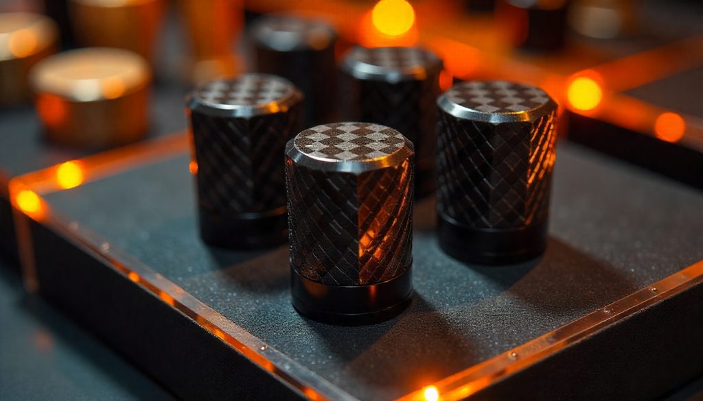 Carbon fiber tire valve caps displayed in a premium retail setup with glossy woven texture and luxury automotive accessories.