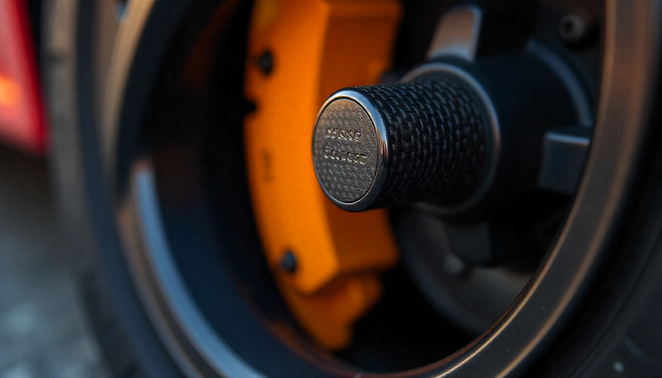 Close-up of carbon fiber tire valve caps on a luxury sports car wheel showing the glossy carbon fiber weave pattern and premium handcrafted design.