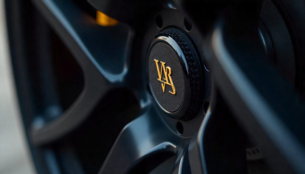 Close-up of carbon fiber tire valve caps on a luxury sports car wheel showing the glossy carbon fiber weave pattern and premium handcrafted design.