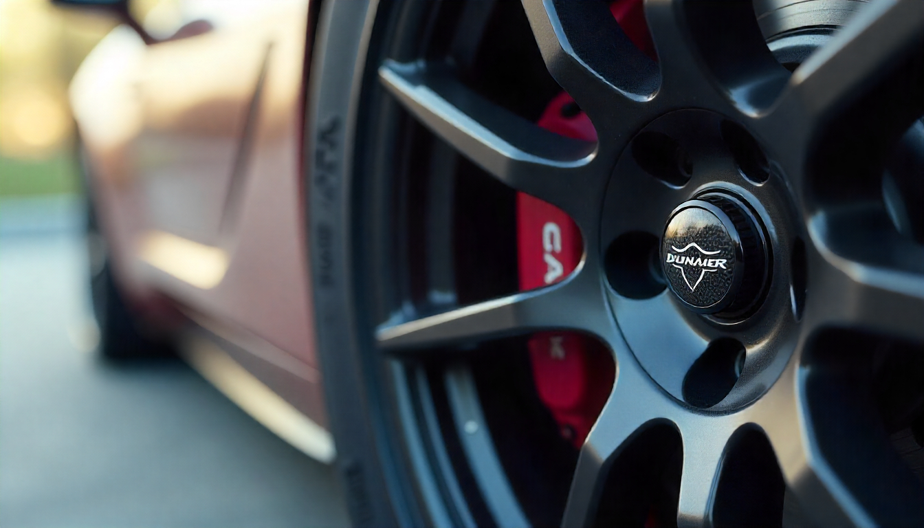 Close-up of carbon fiber tire valve caps on a luxury sports car wheel highlighting premium automotive styling and handcrafted carbon fiber design.