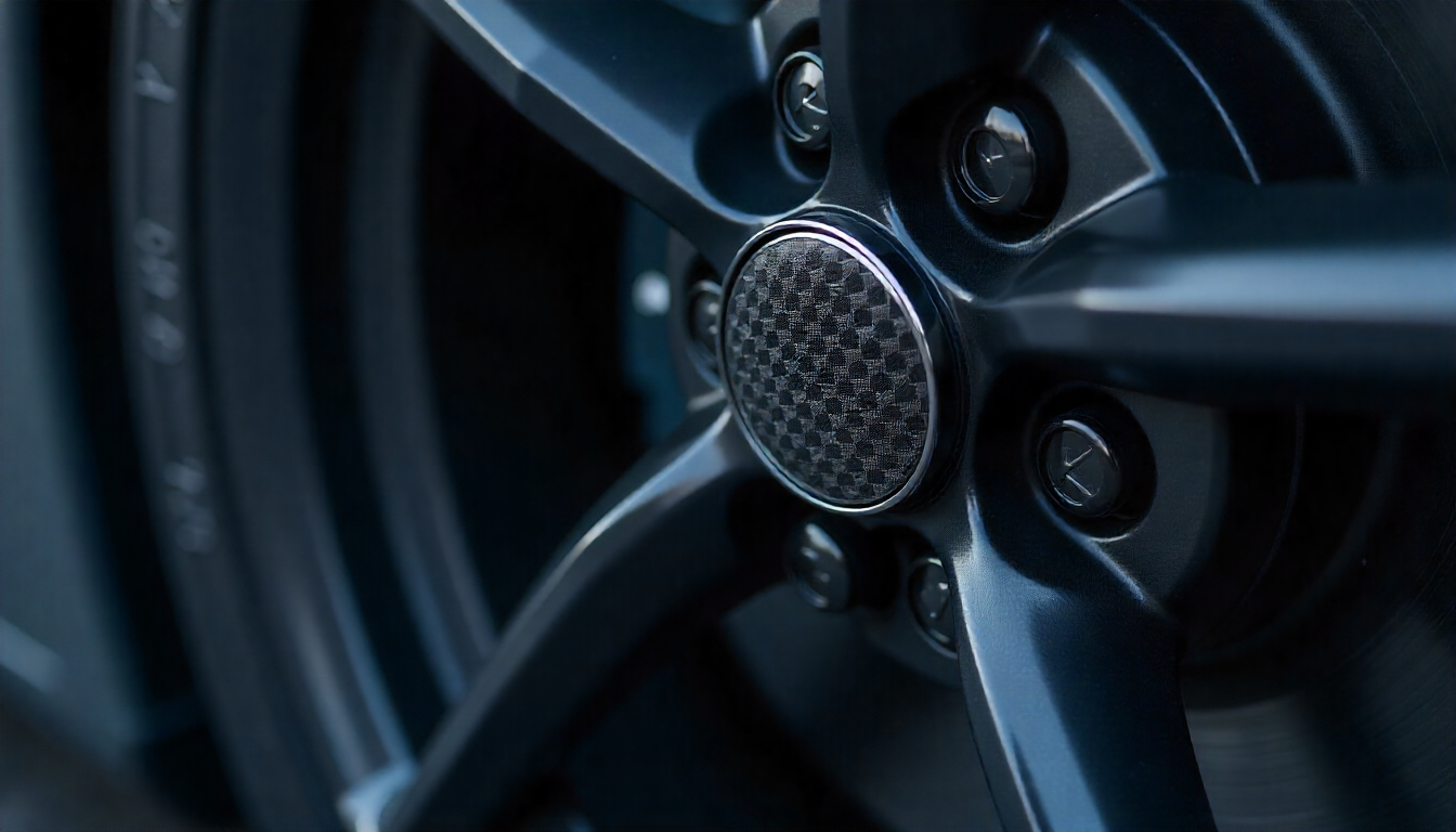Close-up of an exotic sports car wheel with premium carbon fiber tire valve caps showcasing glossy weave pattern, symbolizing luxury automotive passion and performance craftsmanship.