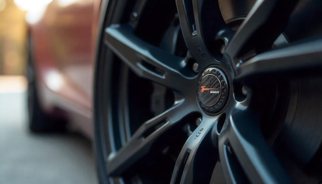 Close-up of an exotic sports car wheel with premium carbon fiber tire valve caps showcasing glossy weave pattern, symbolizing luxury automotive passion and performance craftsmanship.