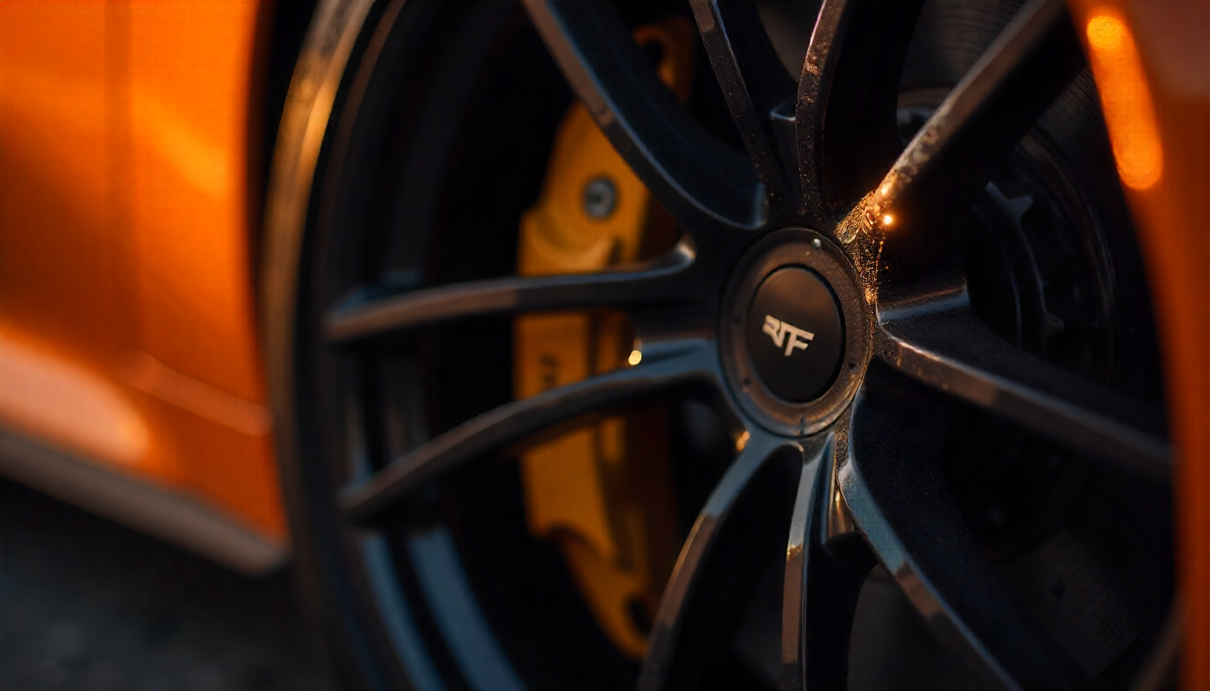 Close-up of a luxury car wheel featuring glossy carbon fiber tire valve caps with a woven texture, highlighting premium automotive detail and craftsmanship.