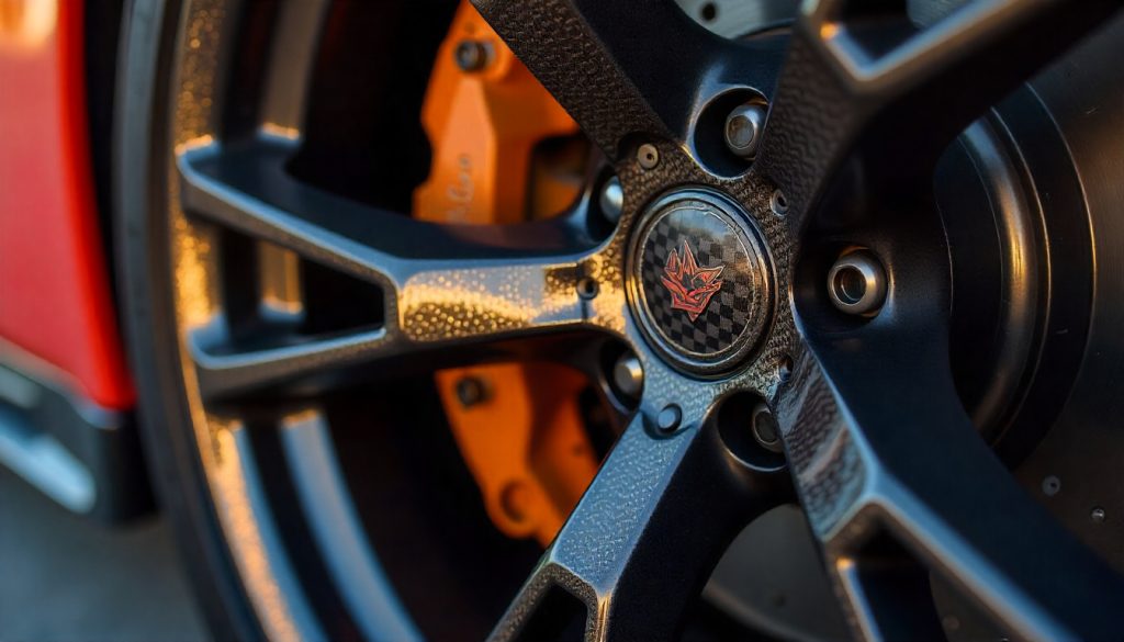 Close-up of a luxury car wheel featuring glossy carbon fiber tire valve caps with a woven texture, highlighting premium automotive detail and craftsmanship.