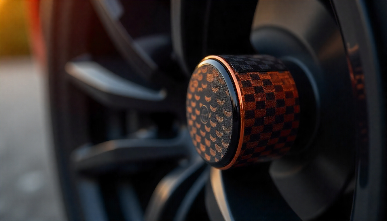 Close-up of carbon fiber tire valve caps on a performance car wheel, highlighting the sleek woven texture and minimalist premium design.