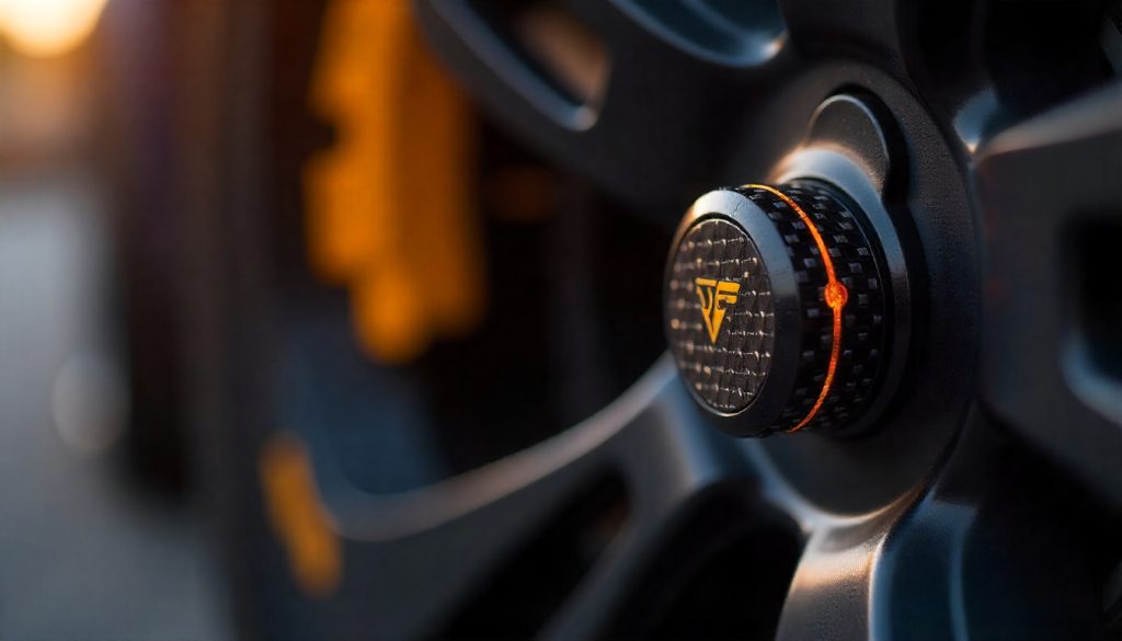 Close-up of carbon fiber tire valve caps on a performance car wheel, highlighting the sleek woven texture and minimalist premium design.