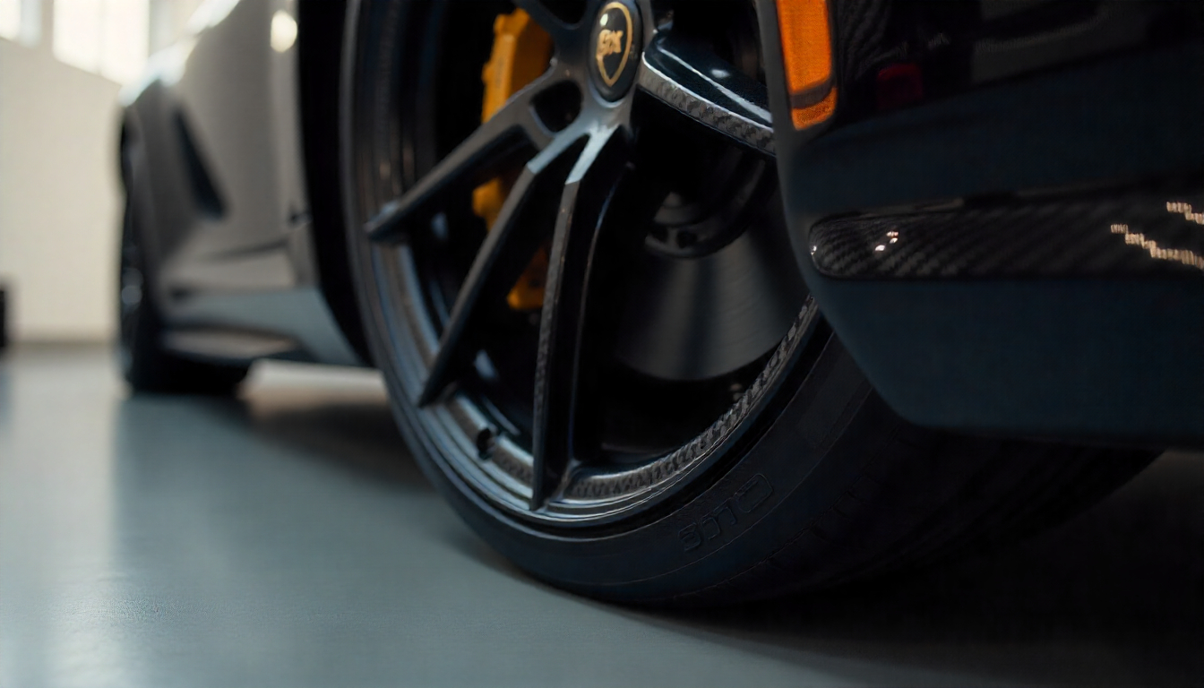 Close-up of carbon fiber tire valve caps on a luxury sports car wheel, showcasing premium handcrafted design and sleek automotive style.