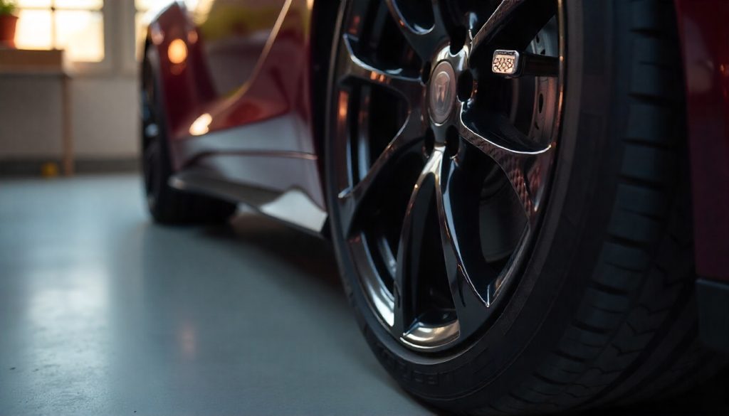Close-up of carbon fiber tire valve caps on a luxury sports car wheel, showcasing premium handcrafted design and sleek automotive style.