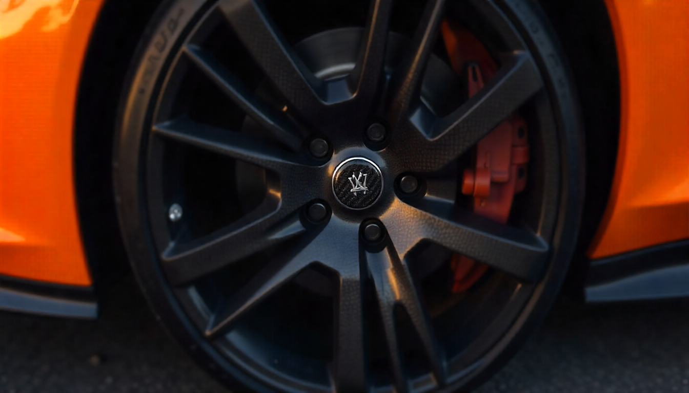 Close-up of carbon fiber tire valve caps on a luxury sports car wheel with dark alloy rim, highlighting premium carbon fiber weave and modern automotive styling.