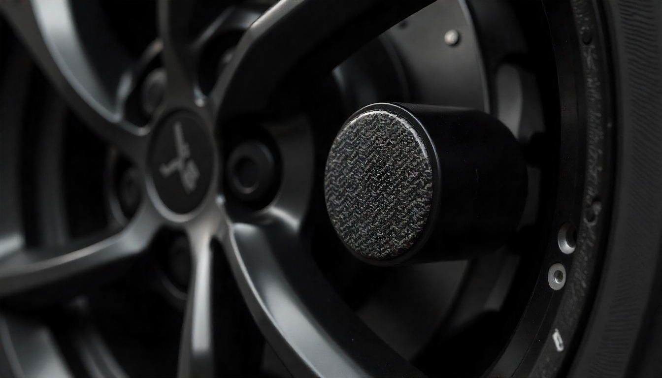 Close-up of a luxury sports car wheel with glossy carbon fiber tire valve caps, highlighting premium craftsmanship and performance design.