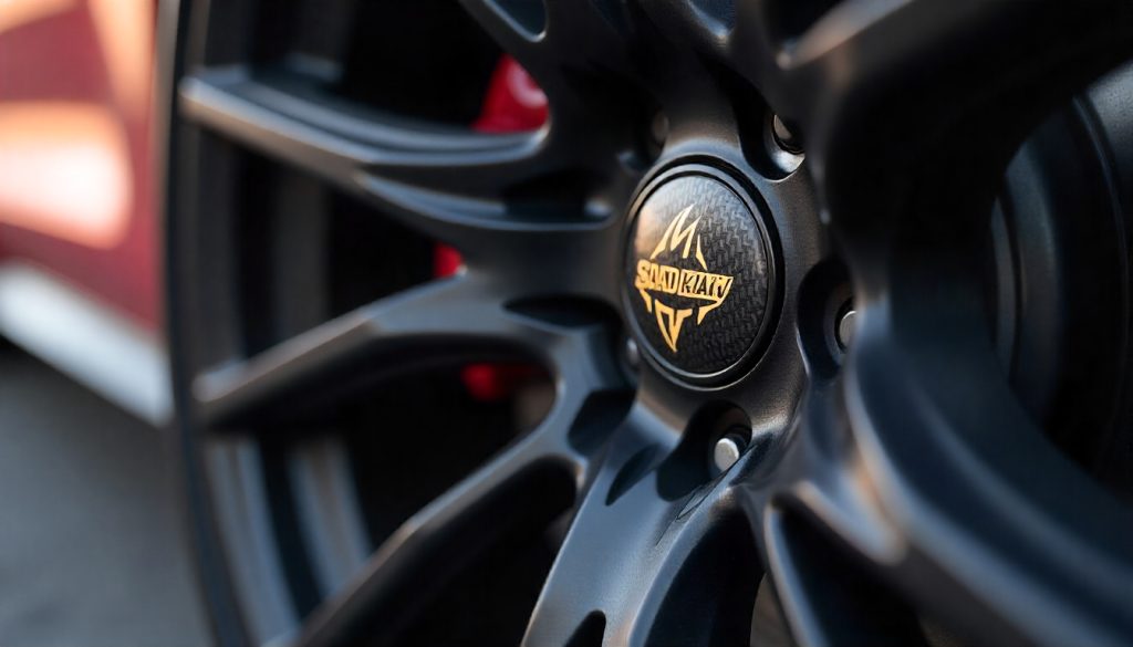 Close-up of a luxury sports car wheel with glossy carbon fiber tire valve caps, highlighting premium craftsmanship and performance design.

