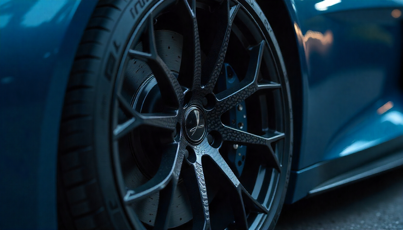 Close-up of a sports car wheel featuring carbon fiber tire valve caps with a glossy weave finish, emphasizing luxury, performance, and premium automotive detail.