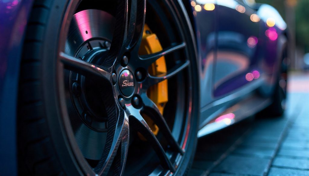 Close-up of a sports car wheel featuring carbon fiber tire valve caps with a glossy weave finish, emphasizing luxury, performance, and premium automotive detail.