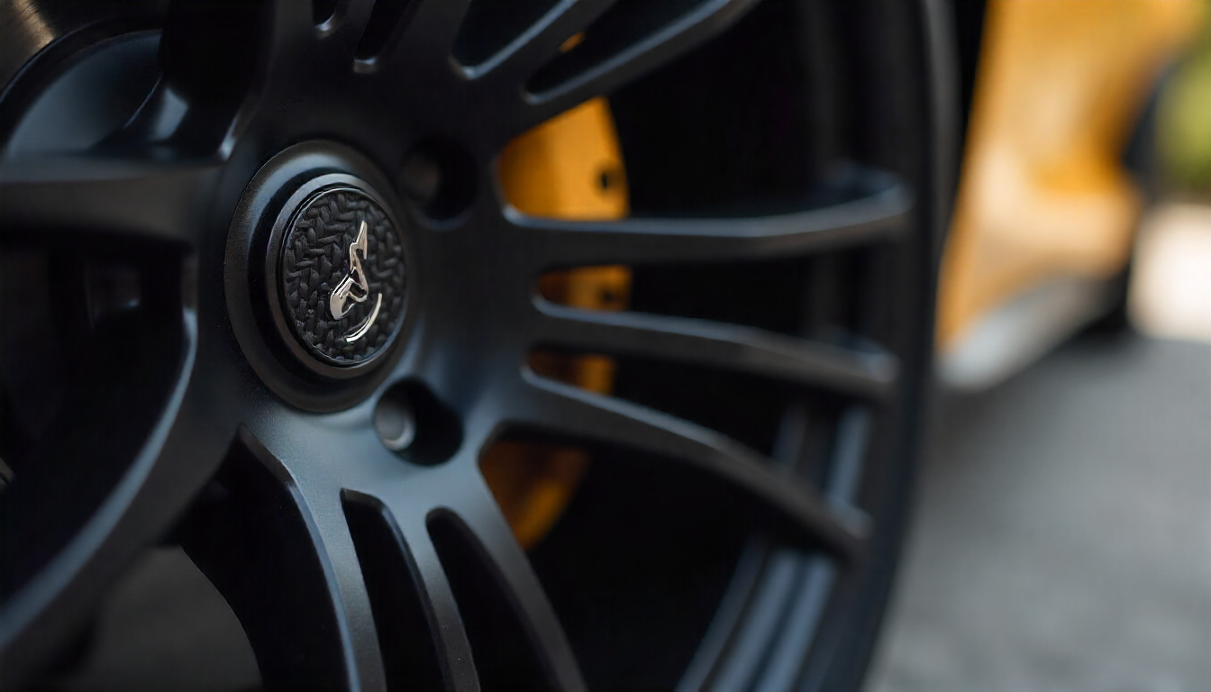 Close-up of a car wheel featuring premium handcrafted carbon fiber tire valve caps that protect the valve stem and enhance the vehicle’s luxury appearance.