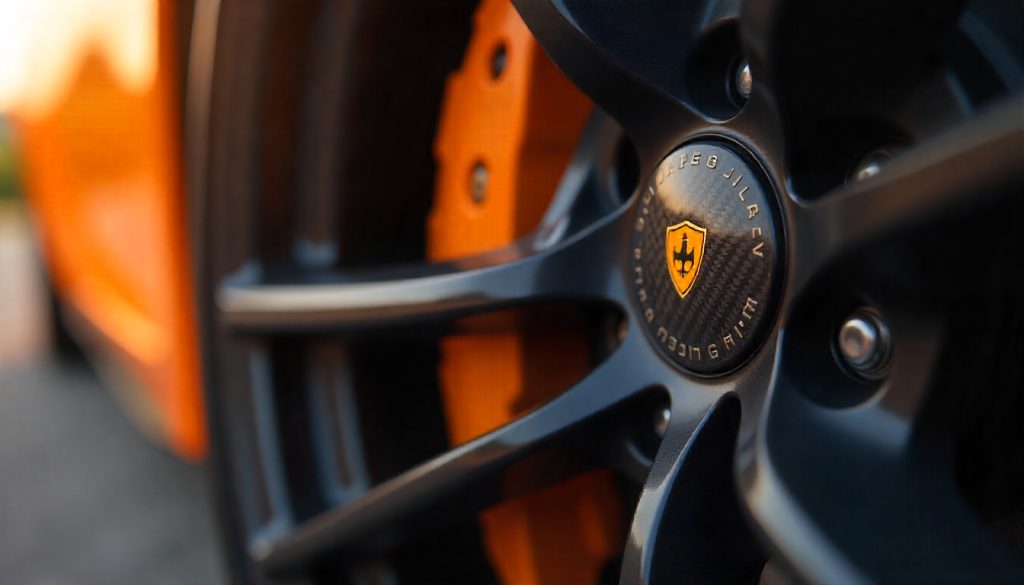 Close-up of a car wheel featuring premium handcrafted carbon fiber tire valve caps that protect the valve stem and enhance the vehicle’s luxury appearance.