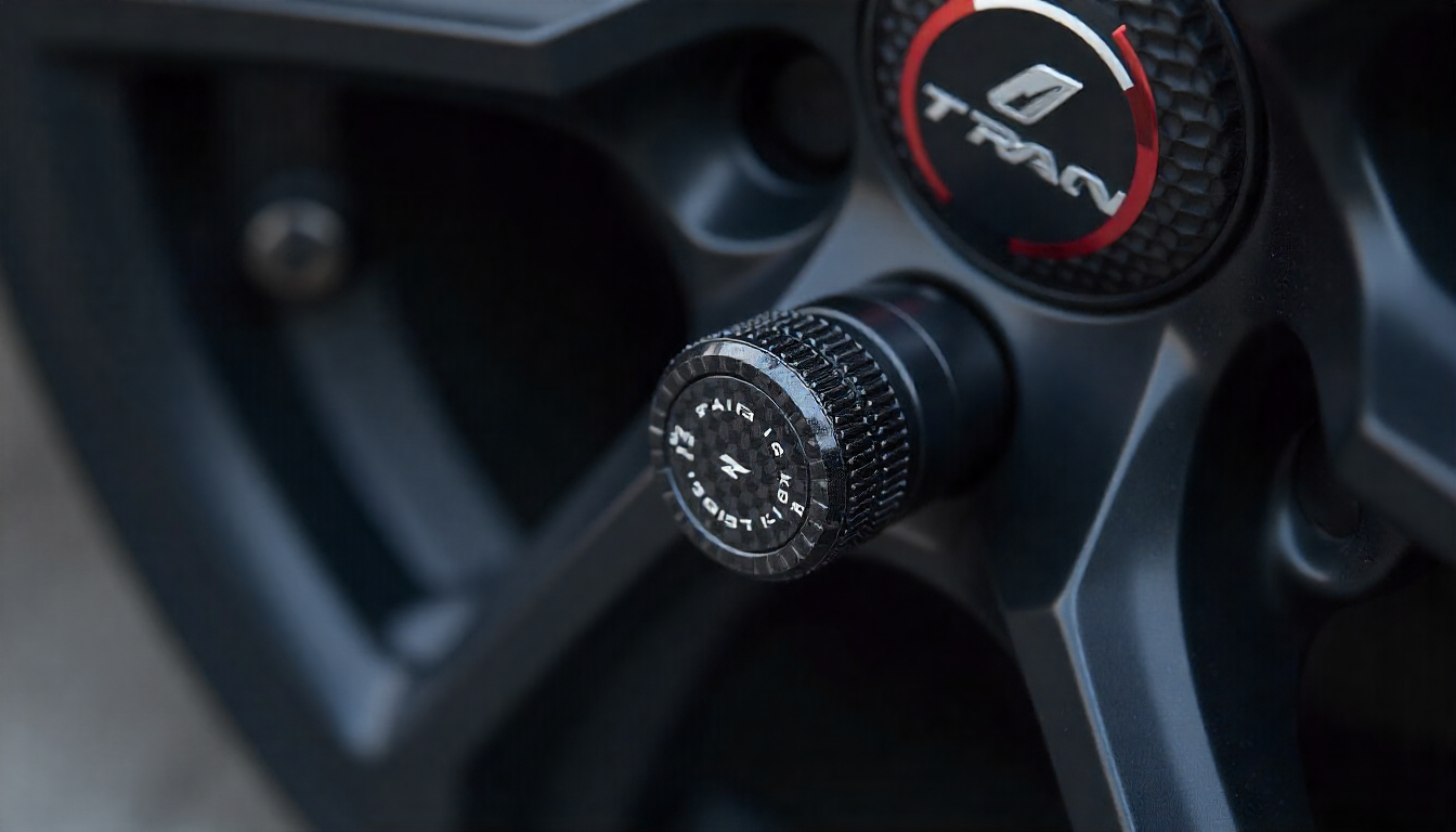 Close-up of glossy carbon fiber tire valve caps with twill weave pattern on a luxury sports car wheel, highlighting UV-resistant finish, knurled grip, and premium handcrafted design.