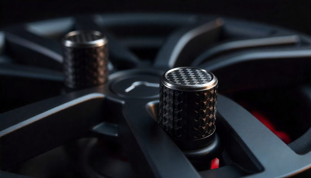 Close-up of glossy carbon fiber tire valve caps with twill weave pattern on a luxury sports car wheel, highlighting UV-resistant finish, knurled grip, and premium handcrafted design.