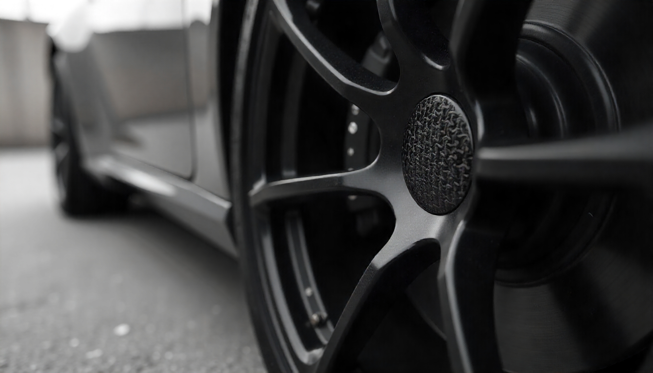 Close-up of a luxury sports car wheel featuring handcrafted carbon fiber tire valve caps with a glossy weave finish, highlighting performance protection and premium automotive style.