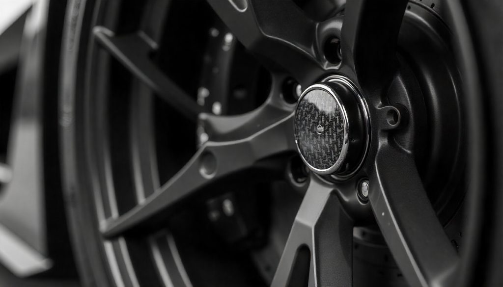 Close-up of a luxury sports car wheel featuring handcrafted carbon fiber tire valve caps with a glossy weave finish, highlighting performance protection and premium automotive style.