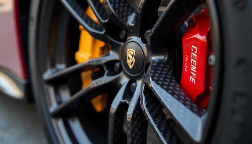 Close-up of carbon fiber tire valve caps on a luxury car wheel, highlighting the glossy carbon fiber texture and premium automotive design.