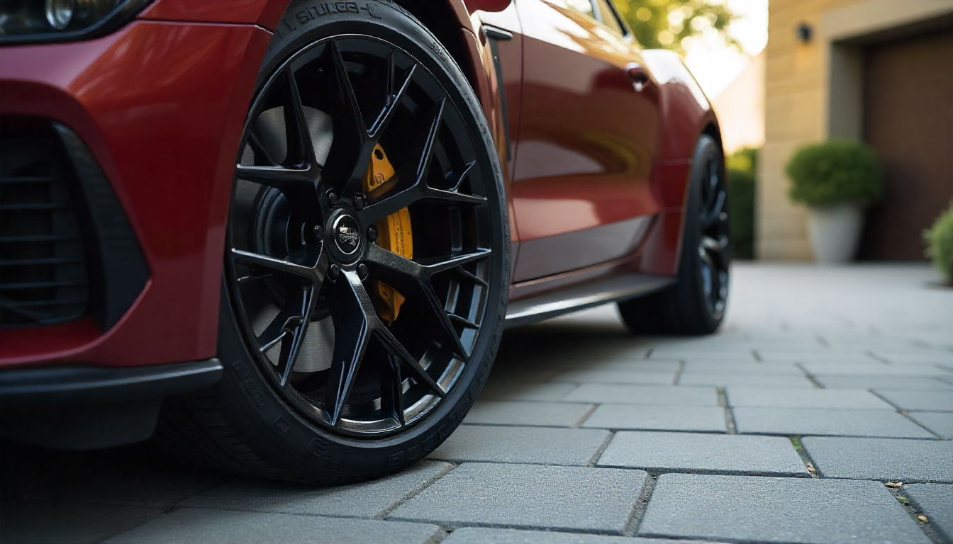 Close-up of a luxury car wheel featuring glossy carbon fiber tire valve caps, highlighting premium handcrafted automotive accessories.