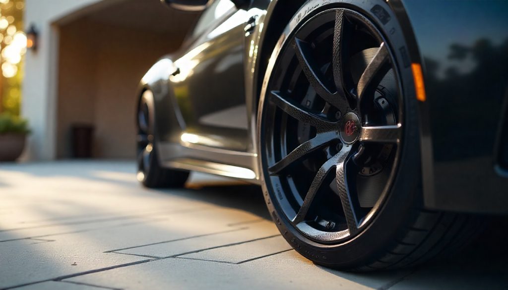 Close-up of a luxury car wheel featuring glossy carbon fiber tire valve caps, highlighting premium handcrafted automotive accessories.