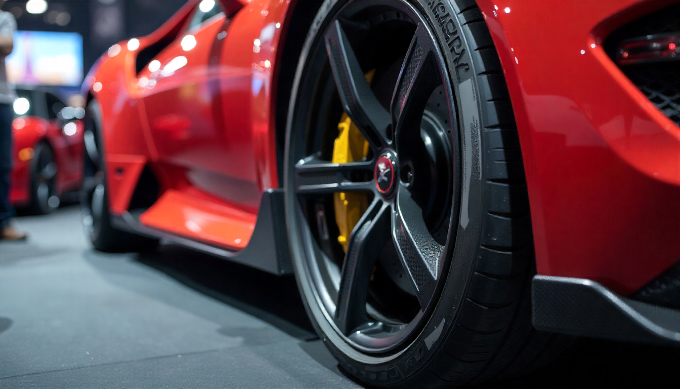 Close-up of carbon fiber tire valve caps on a luxury car at an auto show, highlighting their premium woven texture and sleek design.