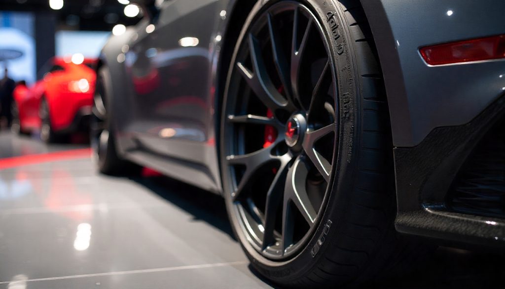 Close-up of carbon fiber tire valve caps on a luxury car at an auto show, highlighting their premium woven texture and sleek design.