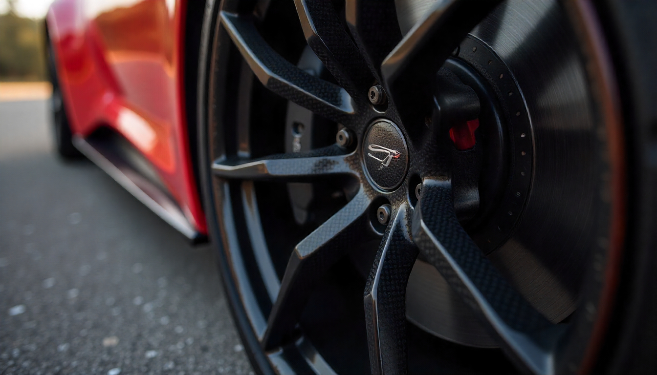 Close-up of a luxury sports car wheel featuring carbon fiber tire valve caps, polished rim details, and high-end automotive styling.
