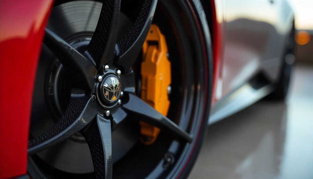 Close-up of a luxury sports car wheel featuring carbon fiber tire valve caps, polished rim details, and high-end automotive styling.