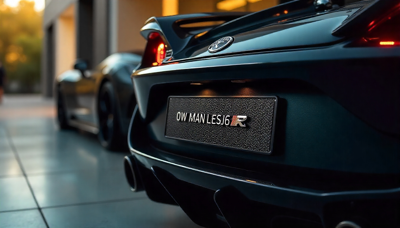 Luxury sports car featuring a glossy carbon fiber license plate frame customized with a logo, showcasing premium handcrafted automotive accessories made in the USA.