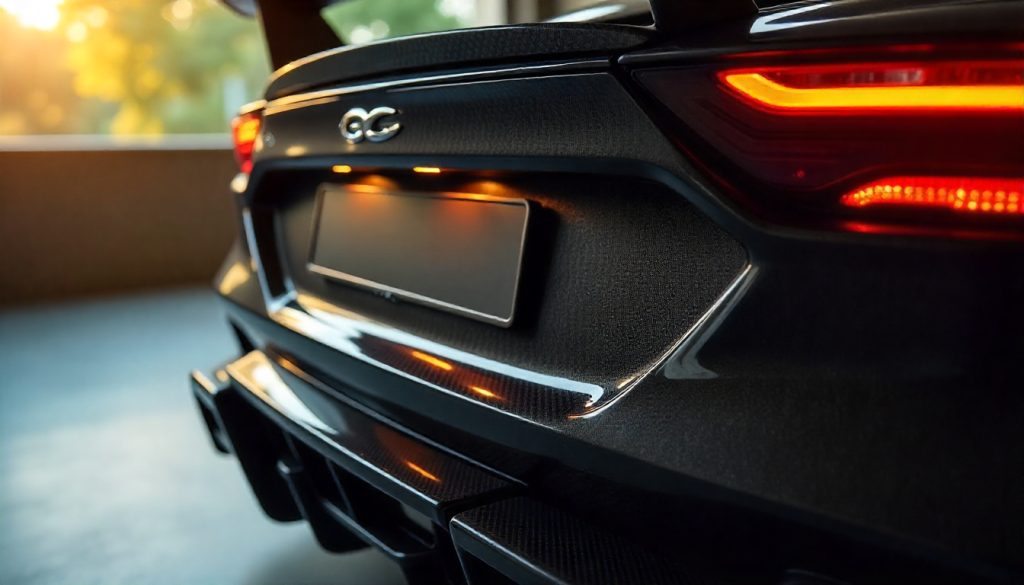 Luxury sports car featuring a glossy carbon fiber license plate frame customized with a logo, showcasing premium handcrafted automotive accessories made in the USA.