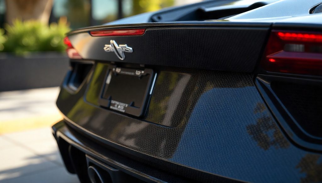 Luxury sports car featuring a genuine carbon fiber license plate frame with UV-protected glossy finish, highlighting durability and premium craftsmanship in all weather conditions.