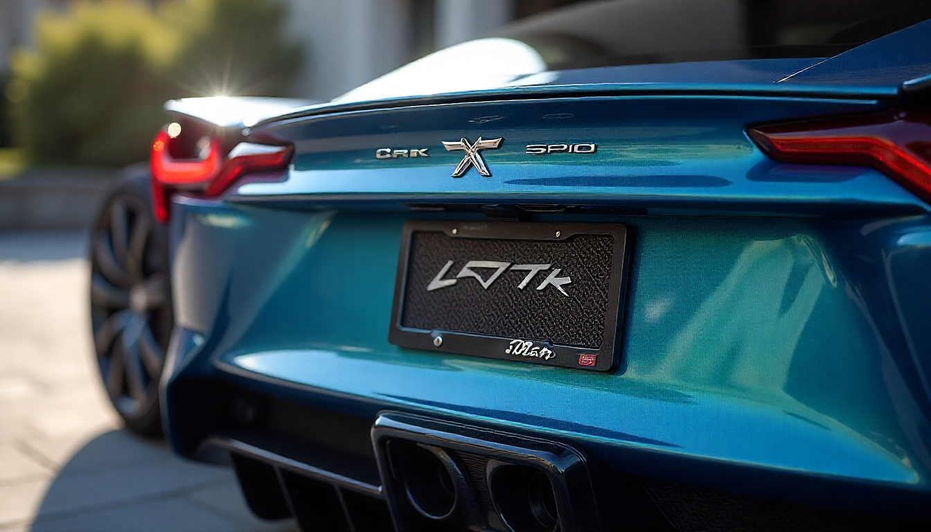 Close-up of a luxury sports car featuring a real carbon fiber license plate frame with glossy woven texture, highlighting durability and premium automotive design.
