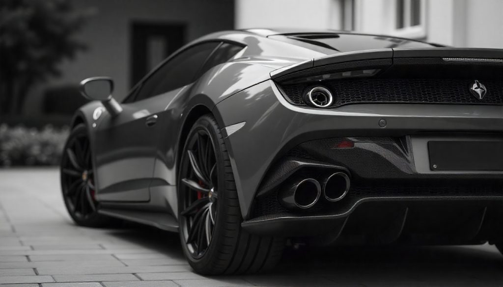 Close-up of a luxury sports car featuring a real carbon fiber license plate frame with glossy woven texture, highlighting durability and premium automotive design.