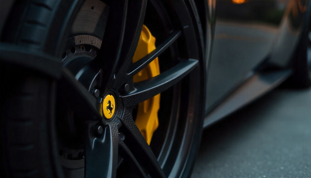 Close-up of a luxury sports car wheel featuring custom carbon fiber tire valve caps, highlighting premium craftsmanship and exotic automotive design.