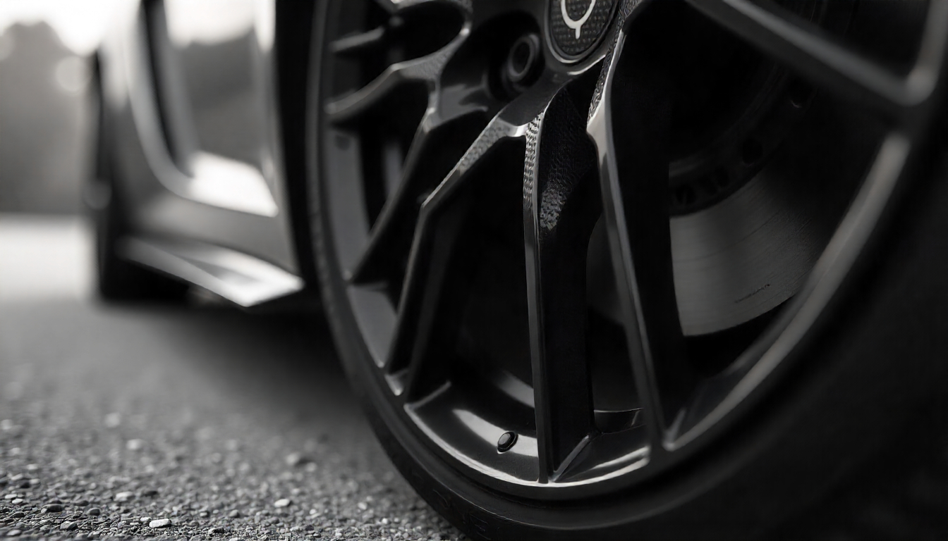 Close-up of carbon fiber tire valve caps on a high-end sports car wheel, highlighting the glossy weave pattern and premium automotive design.