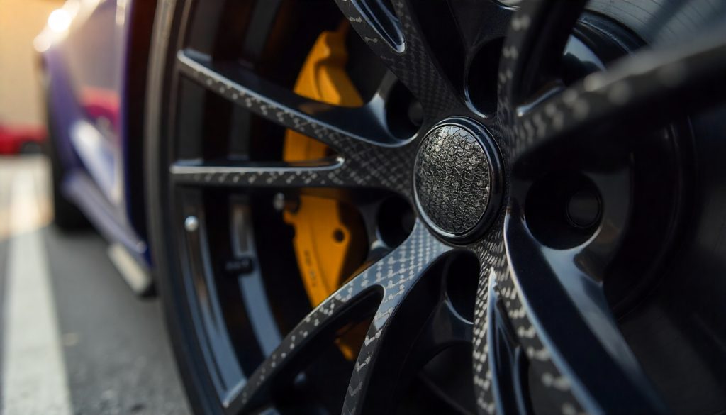 Close-up of carbon fiber tire valve caps on a high-end sports car wheel, highlighting the glossy weave pattern and premium automotive design.