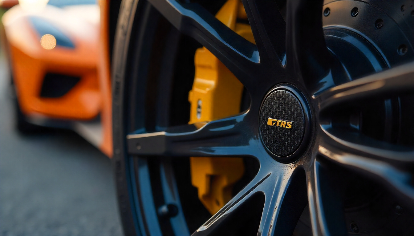 Close-up of carbon fiber tire valve caps on a luxury car wheel showcasing high-performance design and premium craftsmanship.