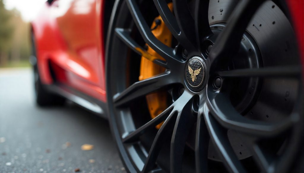 Close-up of carbon fiber tire valve caps on a luxury car wheel showcasing high-performance design and premium craftsmanship.