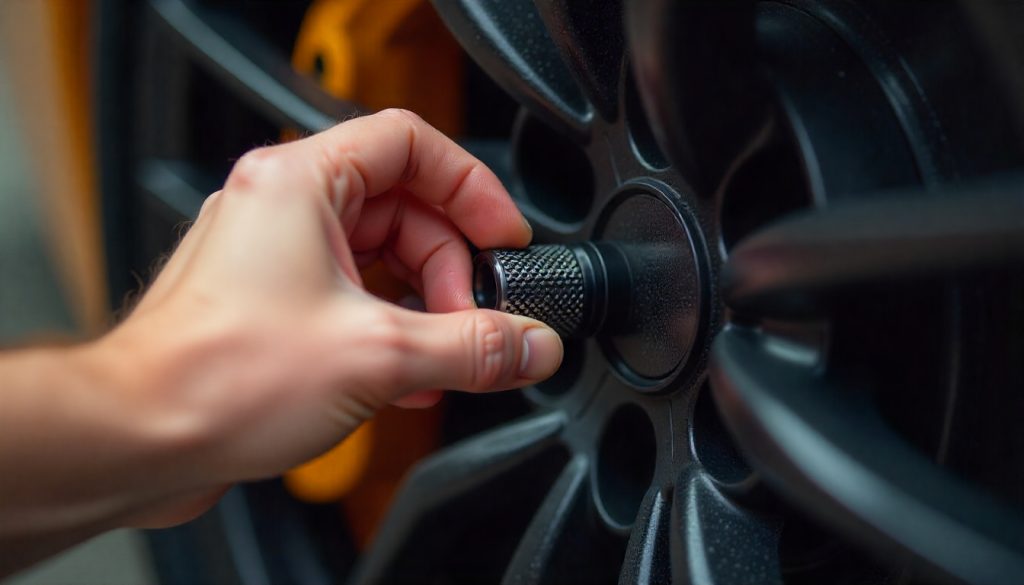 Close-up view of a carbon fiber tire valve cap being hand-tightened on a luxury sports car wheel, highlighting premium craftsmanship and detail.