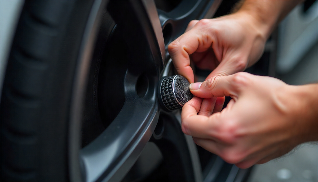 Close-up view of a carbon fiber tire valve cap being hand-tightened on a luxury sports car wheel, highlighting premium craftsmanship and detail.