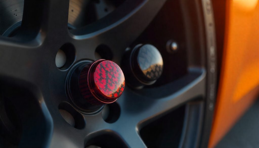 Close-up of carbon fiber tire valve caps in custom colors on a luxury sports car wheel, showcasing premium craftsmanship and automotive performance styling.