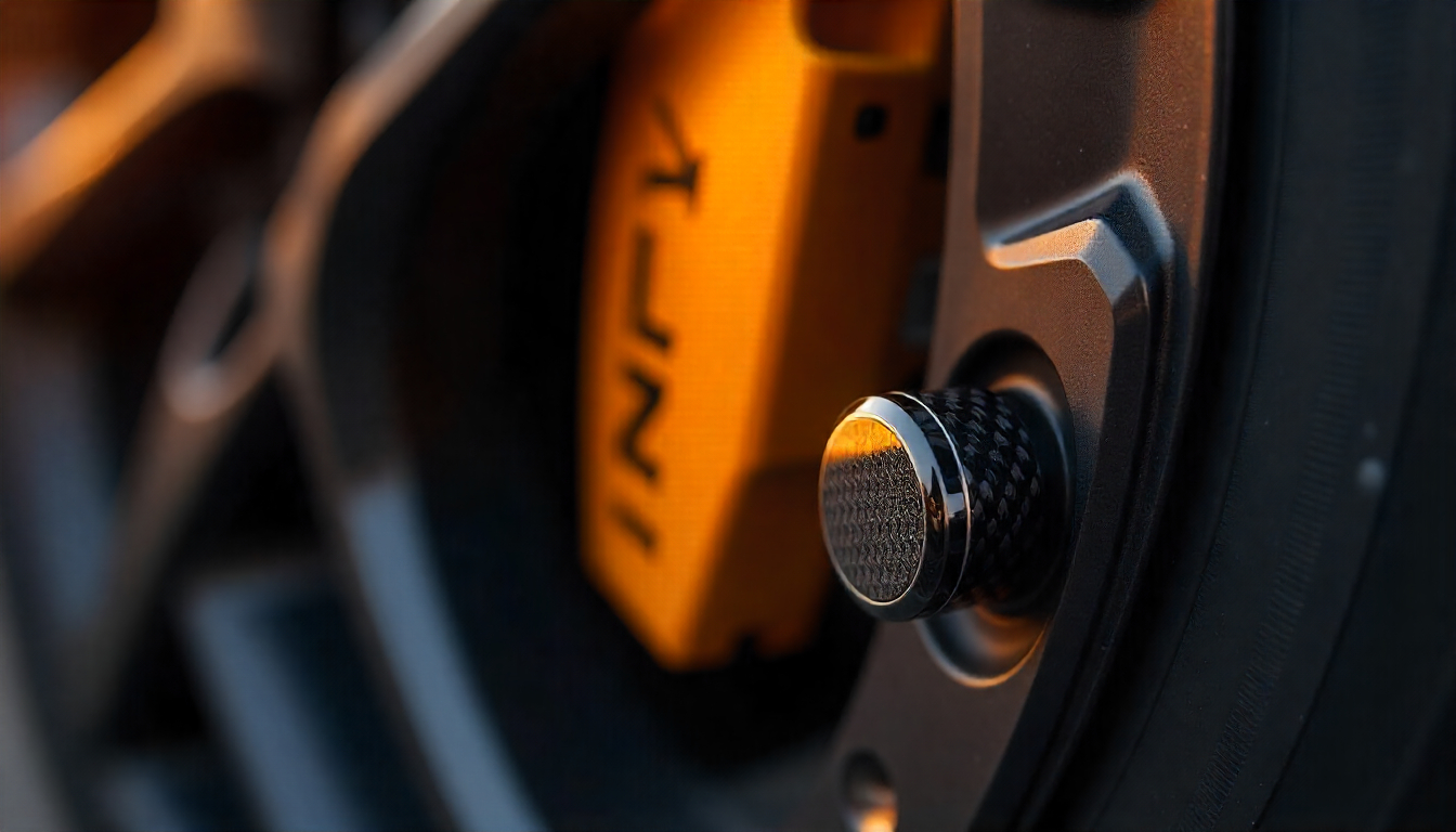 Close-up of carbon fiber tire valve caps in custom colors on a luxury sports car wheel, showcasing premium craftsmanship and automotive performance styling.